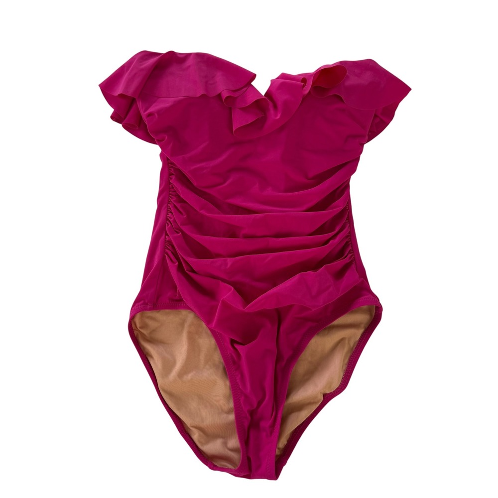 J.Crew Womens Magenta Pink Ruched Ruffle One Piece Swimsuit Size 2 Strapless
